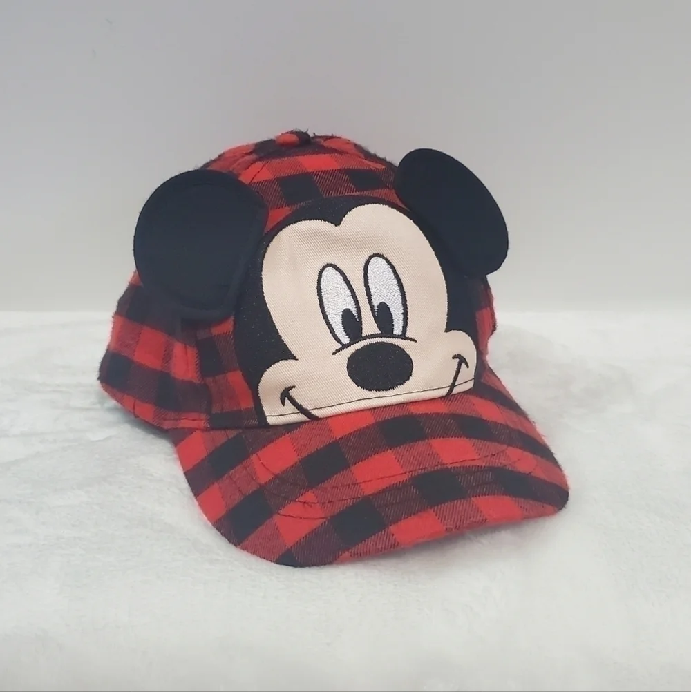 DISNEY Mickey Mouse Red Black Buffalo Check Plaid Baseball Hat Cap Toddler Size